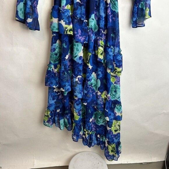 MISA Los Angeles Rania Chiffon Smock Neck Asymmetrical Midi Dress Blue Floral M - Picture 7 of 12